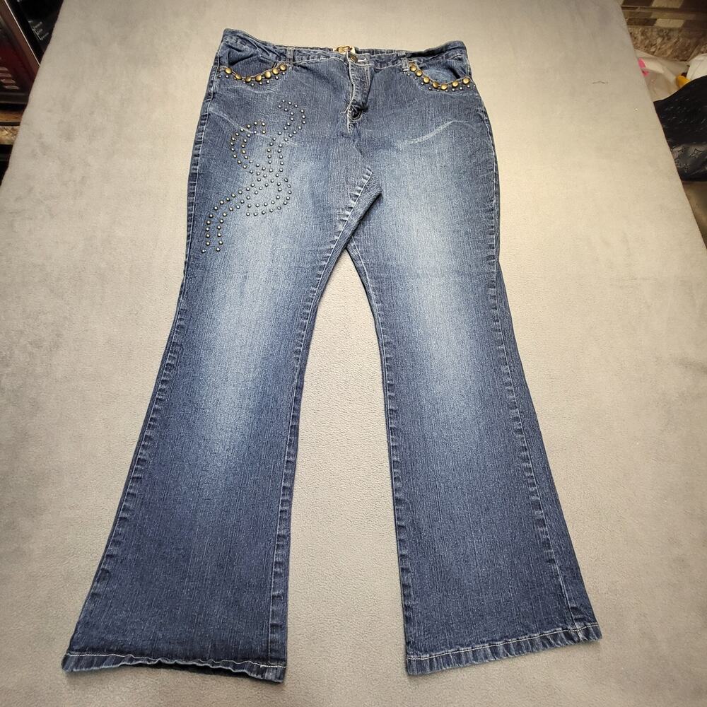 Elite Jeans Womens 20 Blue‎ Boot Cut Studded Distressed Stretch Denim